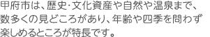 甲府市は、歴史・文化資産や自然や温泉まで、数多くの見どころがあり、年齢や四季を問わず楽しめるところが特長です。