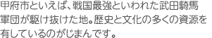 甲府市といえば、戦国最強といわれた武田騎馬軍団が駆け抜けた地。歴史と文化の多くの資源を有しているのがじまんです。