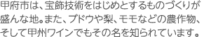 甲府市は、宝飾技術をはじめとするものづくりが盛んな地。また、ブドウや梨、モモなどの農作物、そして甲州ワインでもその名を知られています。