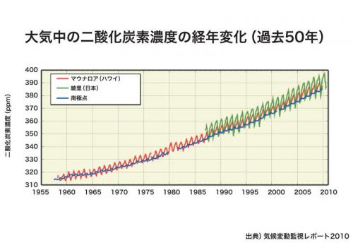 グラフ：大気中の二酸化炭素濃度の経年変化（過去50年）